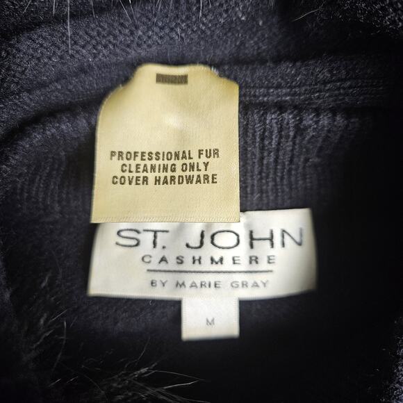 VTG St John Women Cashmere Cardigan Sweater Fox Fur Trim Hood Zip Jacket M Black - Picture 13 of 16